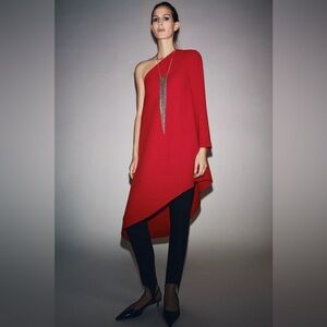 NWT Zara One-Shoulder Asymmetric Hem Red Dress Size XS